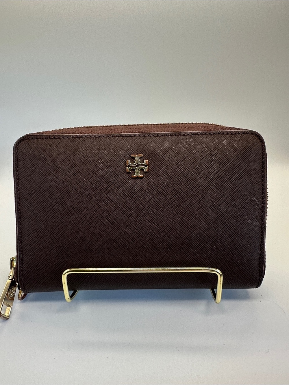 Tory Burch Dark Brown Saffiano Zip Wallet with Gold Logo